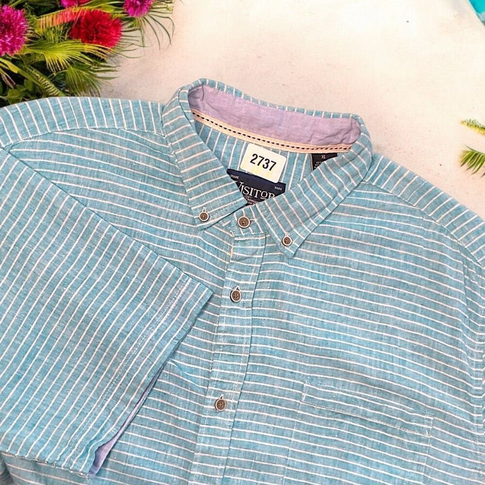 Visitor Men’s Linen Shirt Short Sleeve Blue‎ Striped Woven Size XL Button Up